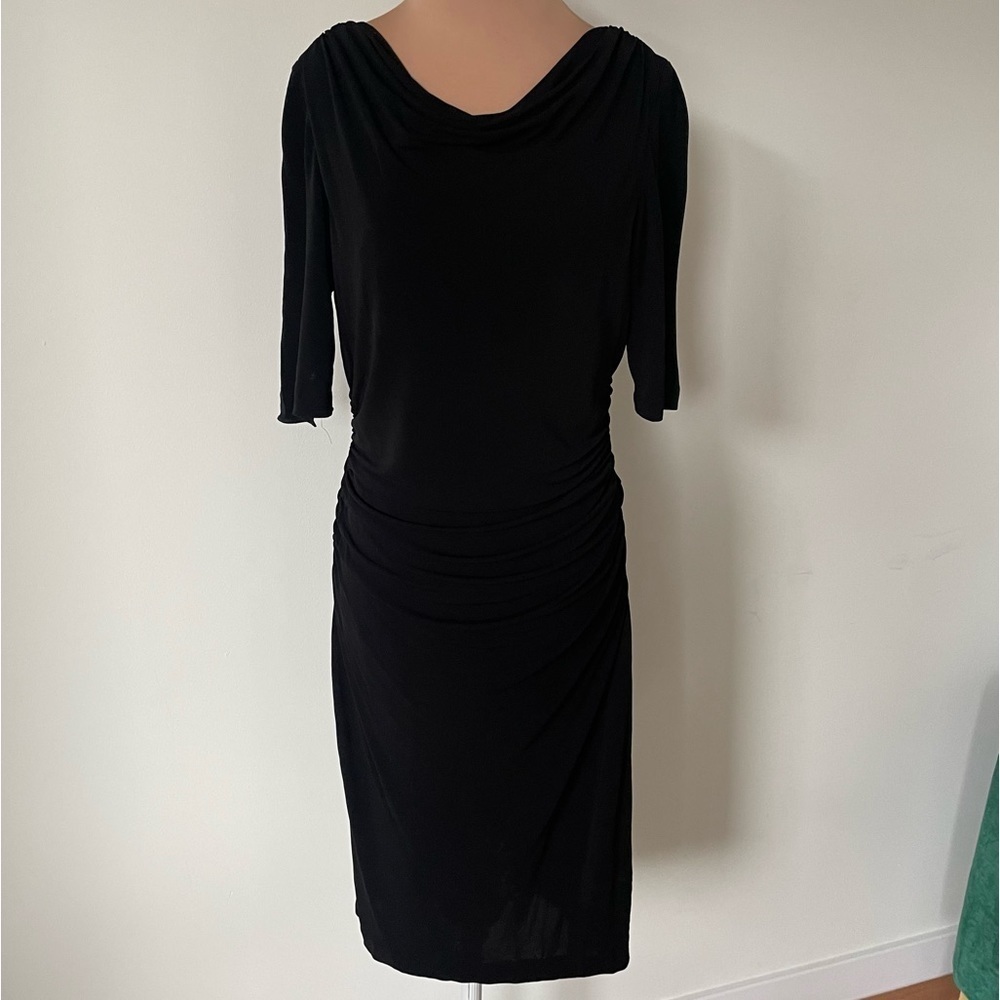 St. John Black Viscose Jersey Knit Cowl Neck Ruched V-Neck Short Sleeve Dress 4
